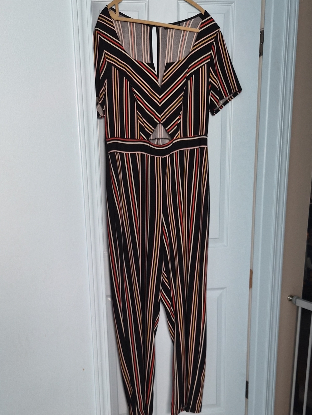 Fashion to Figure Black Striped Short Sleeve Jumpsuit with Multicolor Accents
